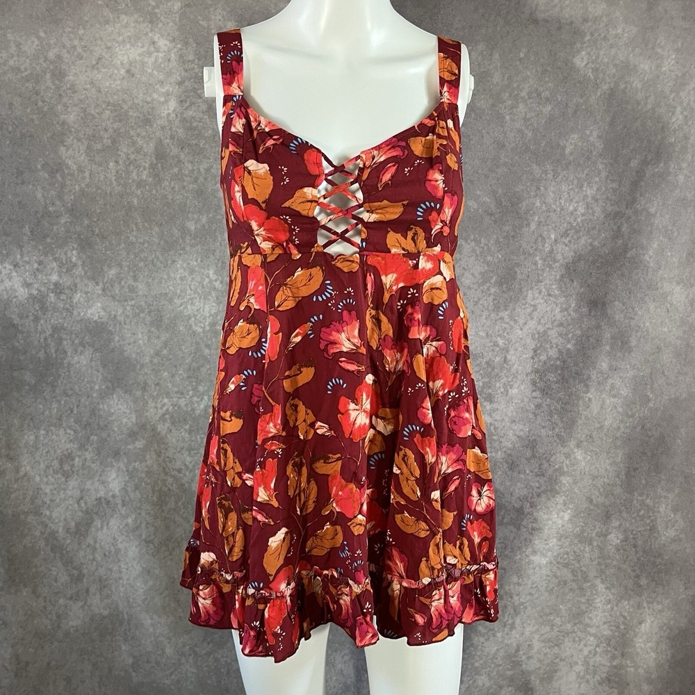 Intimately Free People Mini Dress Womens XS Burgundy Floral Lace Up Smocked Boho